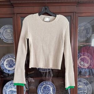 WE-AR4 Cream Ribbed Long Sleeve Sweater with Green Trim Quiet Luxury